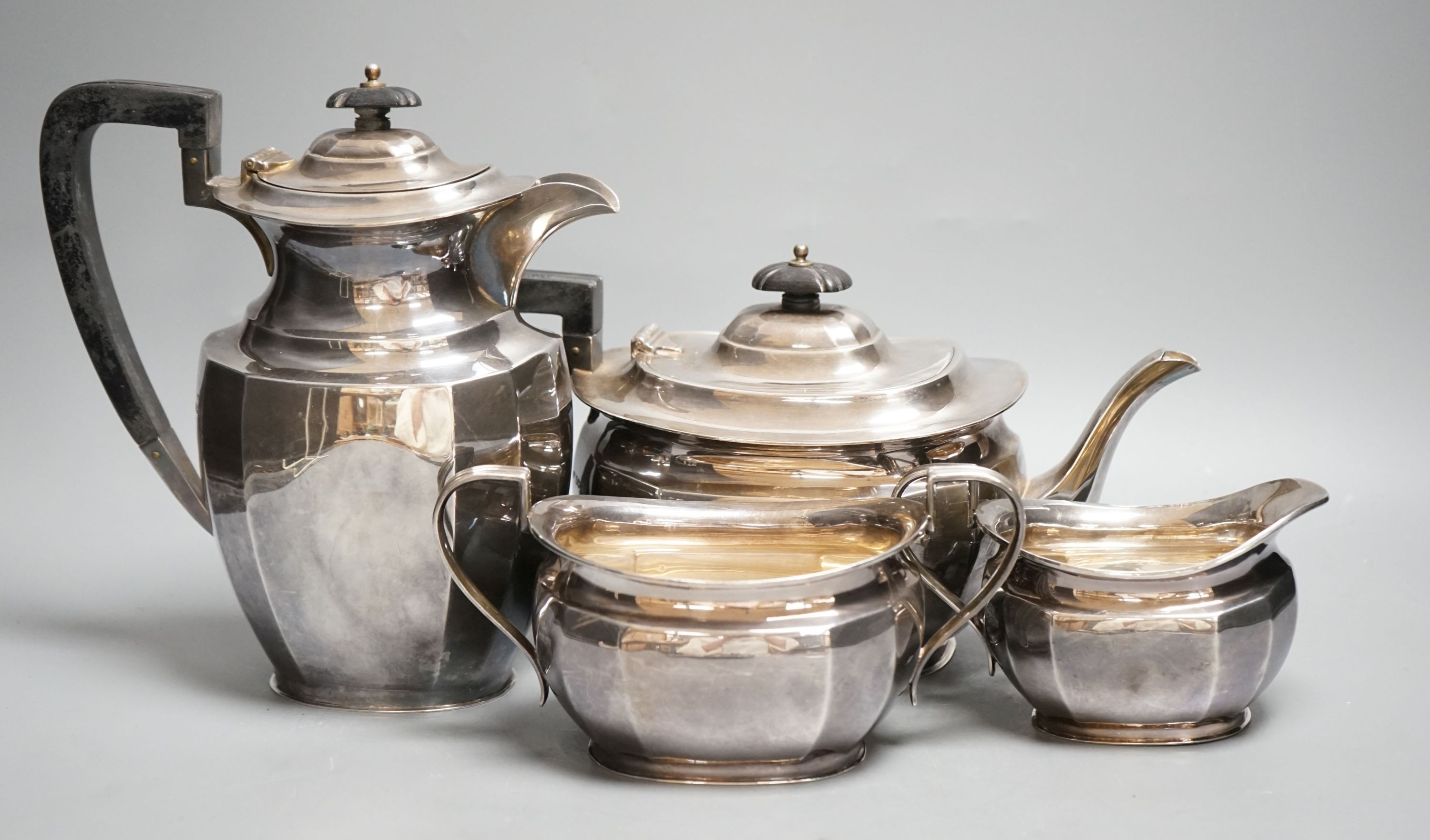 A George VI silver four piece tea set, Atkin Bros. Sheffield, 1944, gross 52oz.
